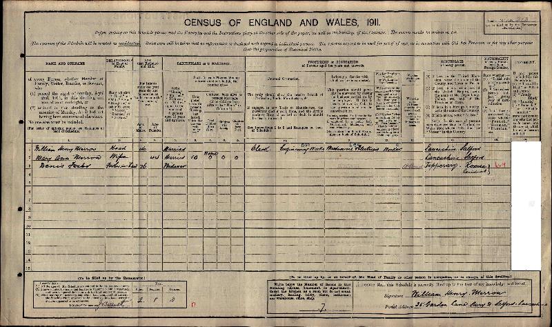 Merron (Mary Ann nee Foster) 1911 Census